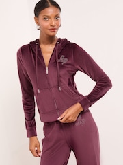 Lipsy Plumb Purple Embroidered Velour Zip Through Hoodie - Image 1 of 4
