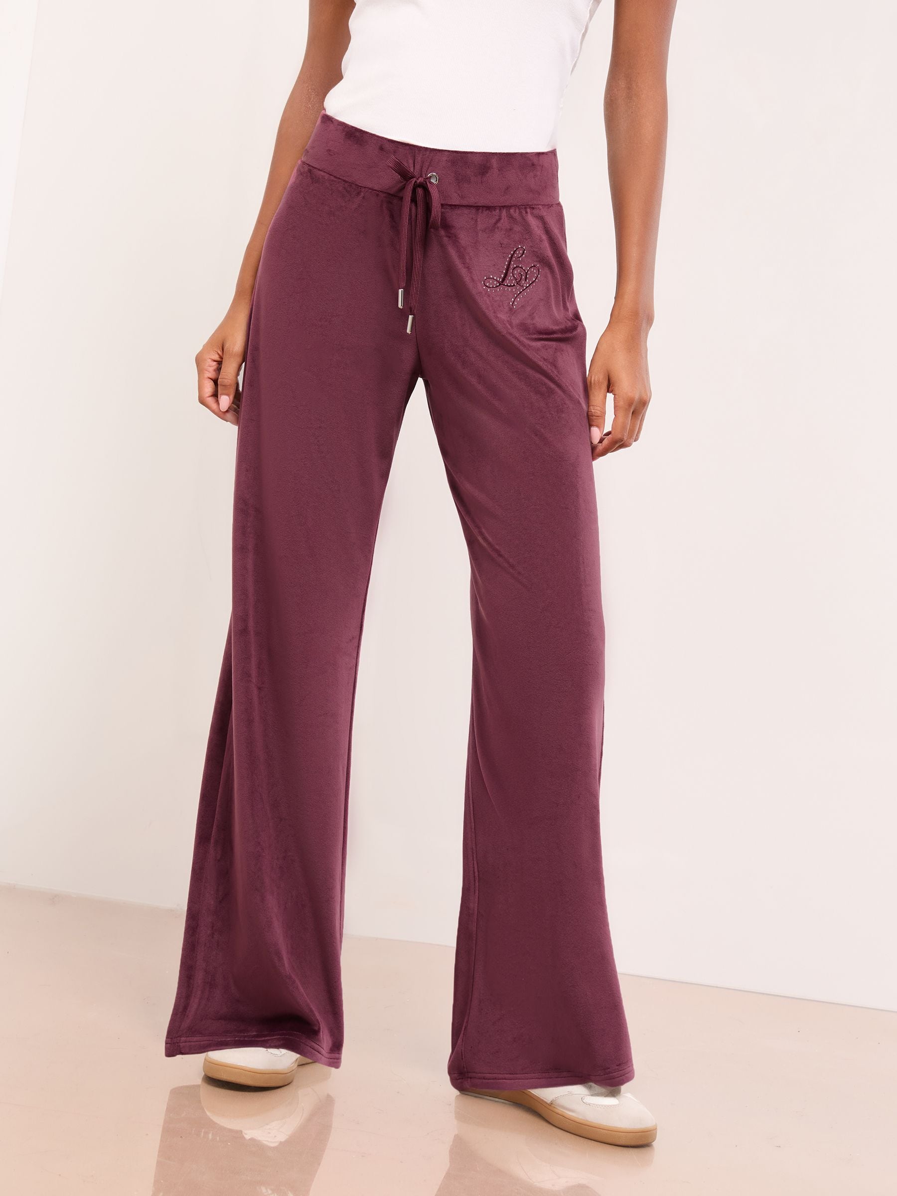 Buy Lipsy Plum Purple Embroidered Velour Relaxed Wide Leg Joggers