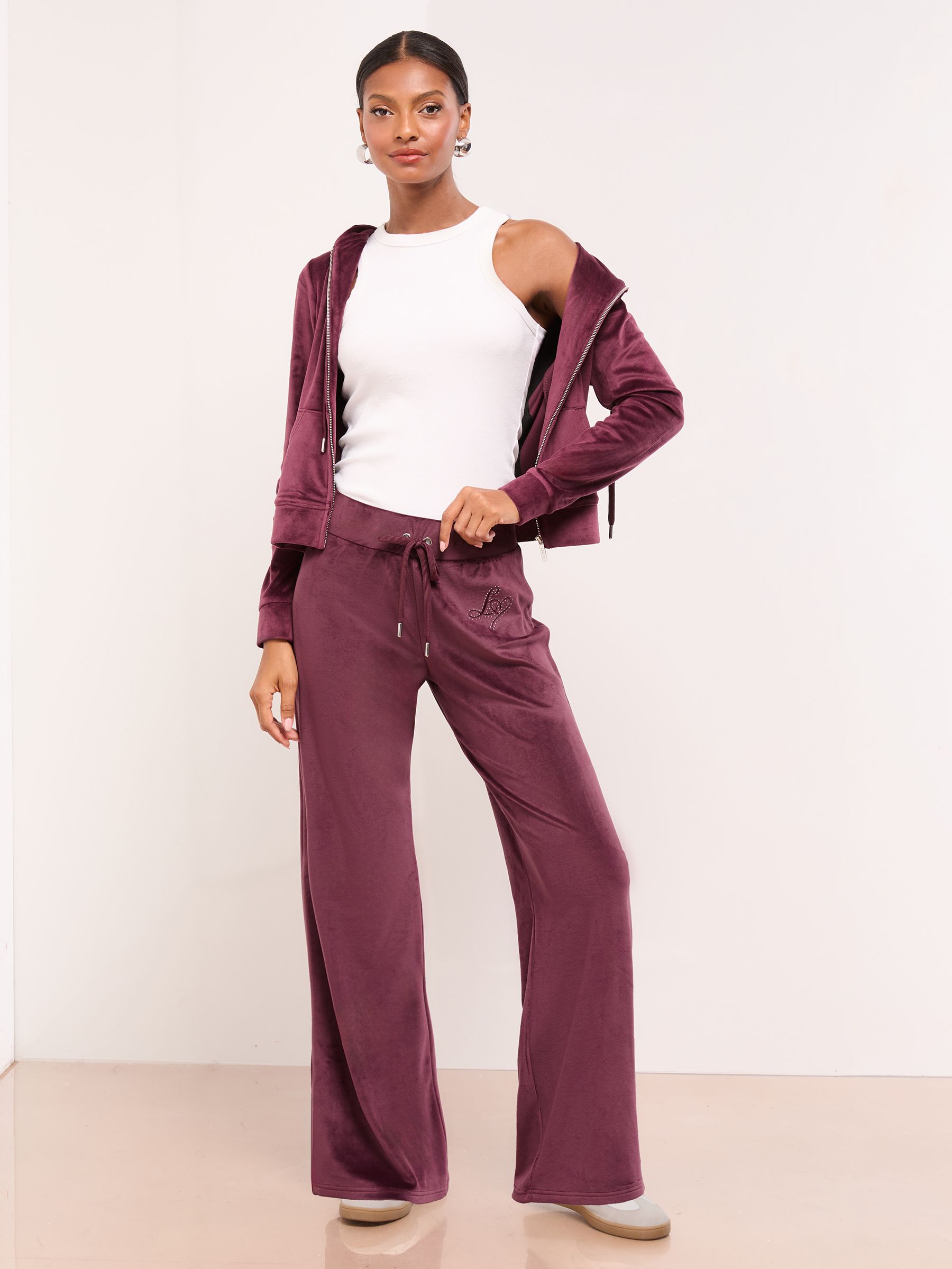 Buy Lipsy Plum Purple Embroidered Velour Relaxed Wide Leg Joggers