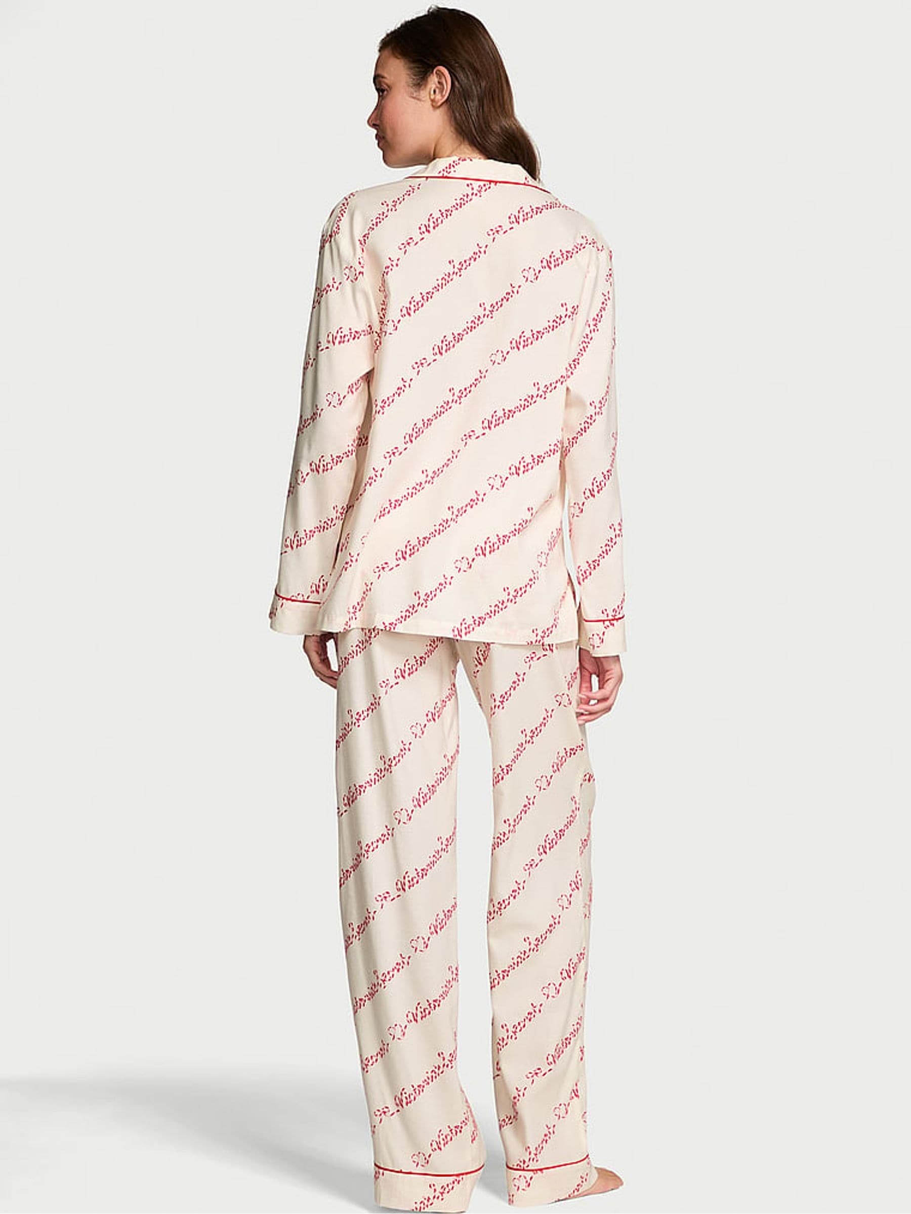 Buy Victoria's Secret White & Red VS Script Flannel Long Pyjamas