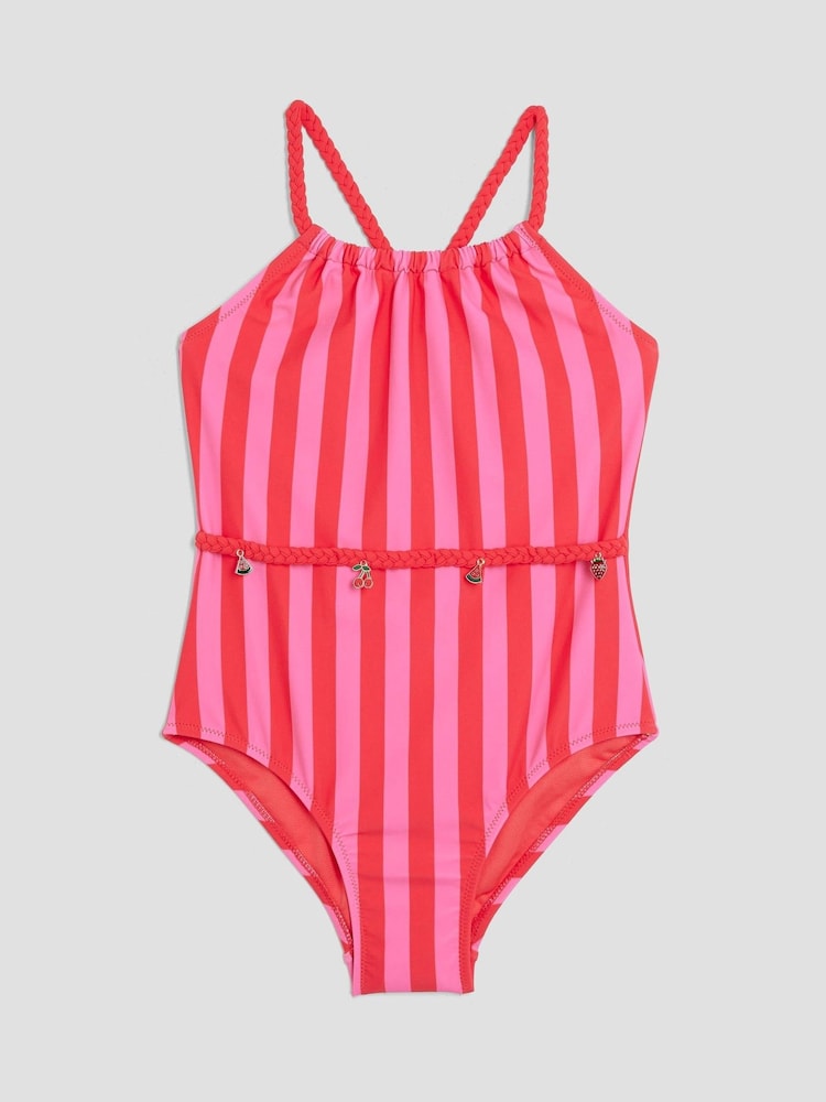 River Island Girls Stripe Charm Belt Swimsuit - Imagen 1 de 5