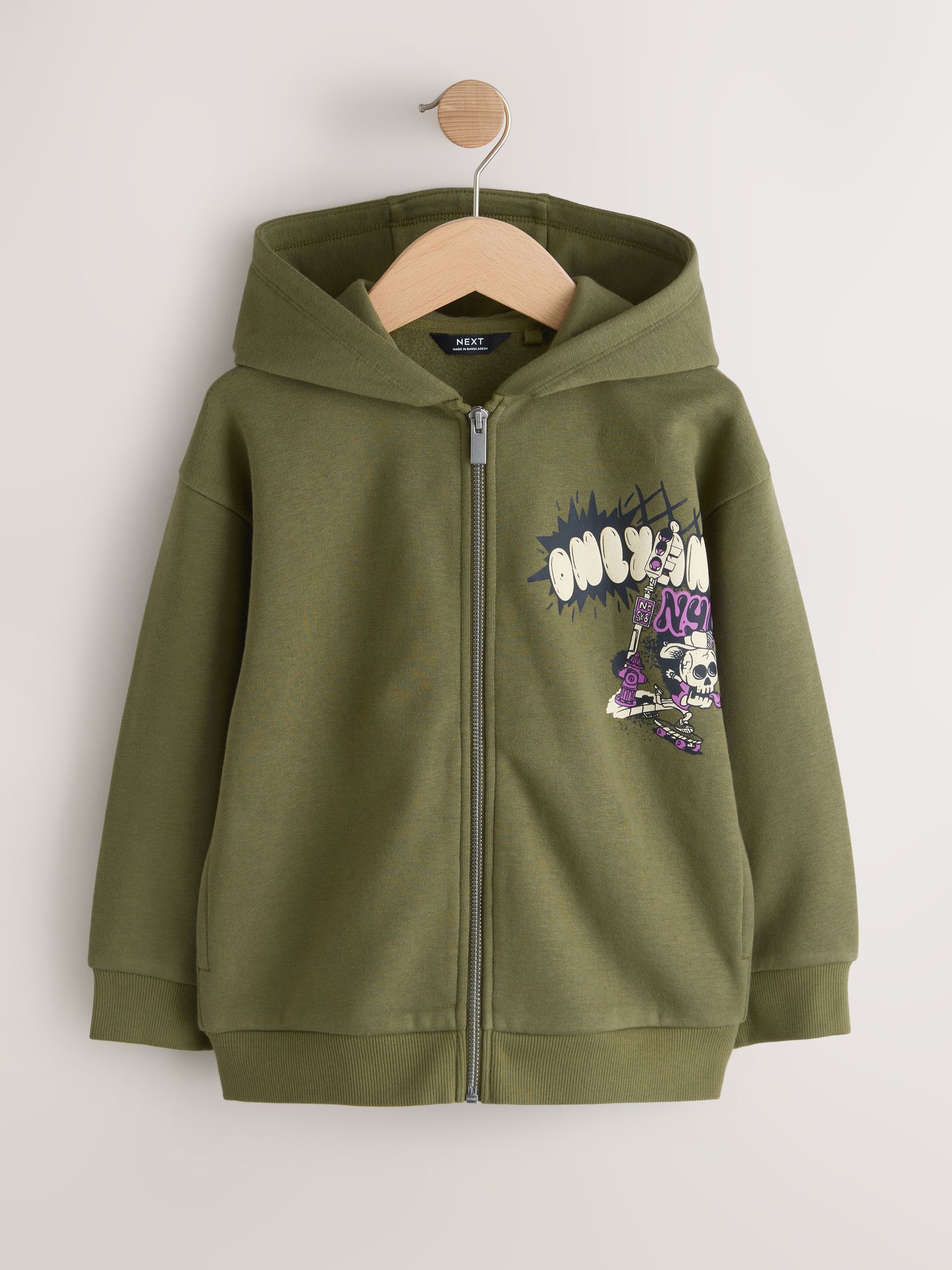 Buy Khaki Green Graffiti Graphic Zip Through Hoodie (3-16yrs) from