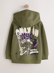 Khaki Green Graffiti Graphic Zip Through Hoodie (3-16yrs) - Image 2 of 4