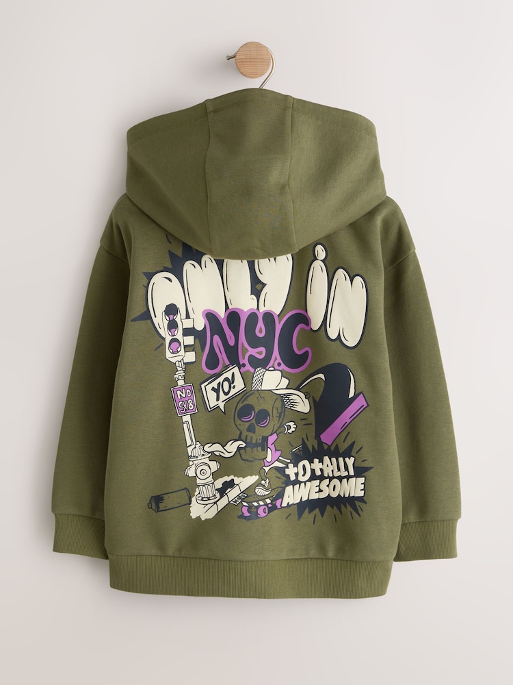 Khaki Green Graffiti Graphic Zip Through Hoodie (3-16yrs) - Image 2 of 4