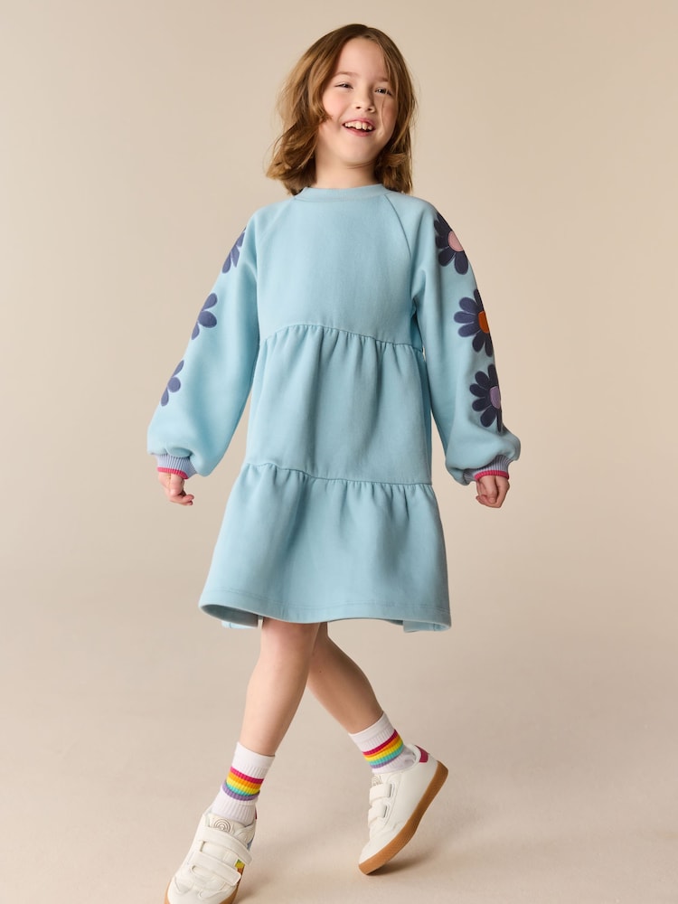 Little Bird by Jools Oliver Blue Appliqué Floral Skater Sweat Dress - Image 2 of 7 Little Bird by Jools Oliver Blue Appliqué Floral Skater Sweat Dress - Image 2 of 7
