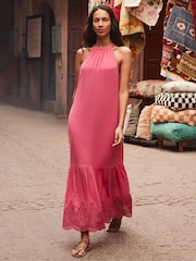 Ro&Zo Pink Broderie Hem Cheesecloth 100% Cotton Midi Dress - Image 1 of 6