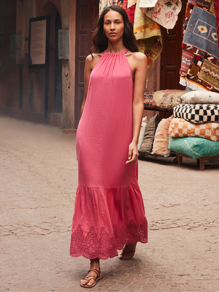 Ro&Zo Pink Broderie Hem Cheesecloth 100% Cotton Midi Dress - Image 1 of 6