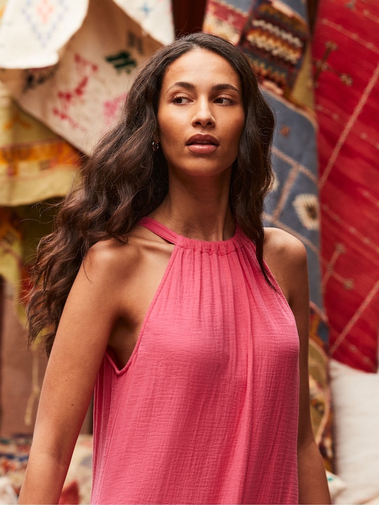 Ro&Zo Pink Broderie Hem Cheesecloth 100% Cotton Midi Dress - Image 2 of 6