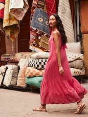 Ro&Zo Pink Petite Broderie Hem Cheesecloth Midi 100% Cotton Dress - Image 1 of 5