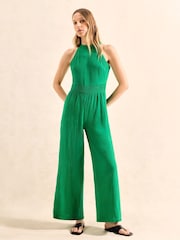 Ro&Zo Green Shirred Waist Cheesecloth 100% Cotton Jumpsuit - Image 1 of 4