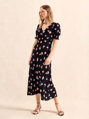 Ro&Zo Black Pansy Print Shirred Cuff Midi Dress - Image 1 of 4