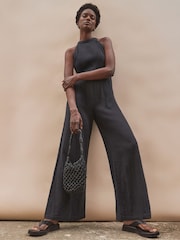 Ro&Zo Black Shirred Waist Cheesecloth 100% Cotton Jumpsuit - Image 1 of 4
