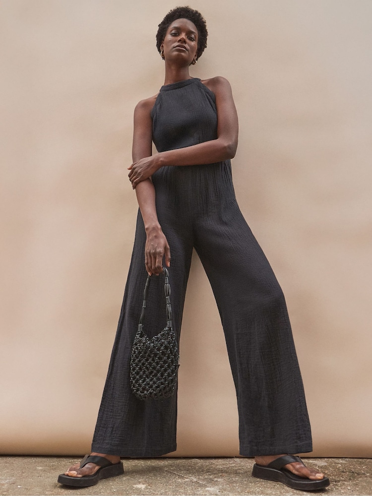 Ro&Zo Black Shirred Waist Cheesecloth 100% Cotton Jumpsuit - Image 1 of 4