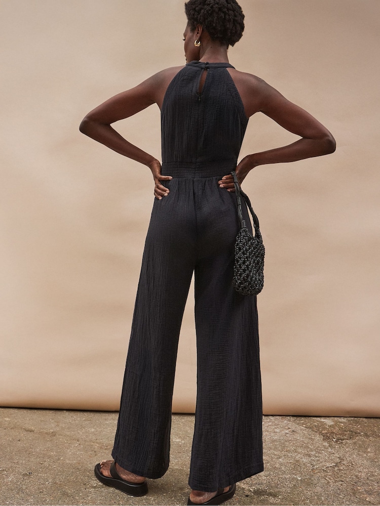 Ro&Zo Black Shirred Waist Cheesecloth 100% Cotton Jumpsuit - Image 4 of 4