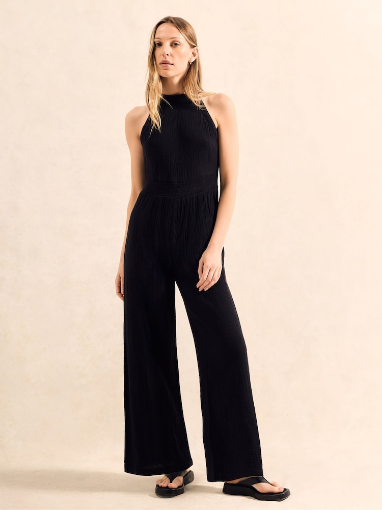 Ro&Zo Black Petite Shirred Waist Cheesecloth 100% Cotton Jumpsuit - Image 1 of 4 Ro&Zo Black Petite Shirred Waist Cheesecloth 100% Cotton Jumpsuit - Image 1 of 4