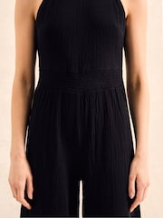 Ro&Zo Black Petite Shirred Waist Cheesecloth 100% Cotton Jumpsuit - Image 3 of 4