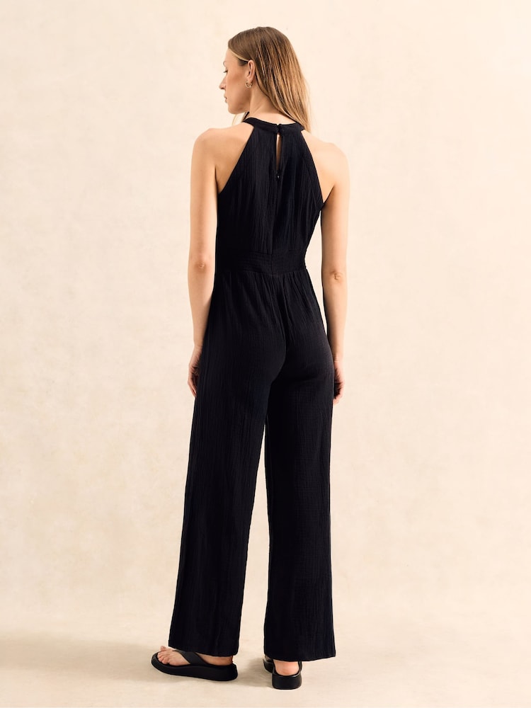 Ro&Zo Black Petite Shirred Waist Cheesecloth 100% Cotton Jumpsuit - Image 4 of 4 Ro&Zo Black Petite Shirred Waist Cheesecloth 100% Cotton Jumpsuit - Image 4 of 4