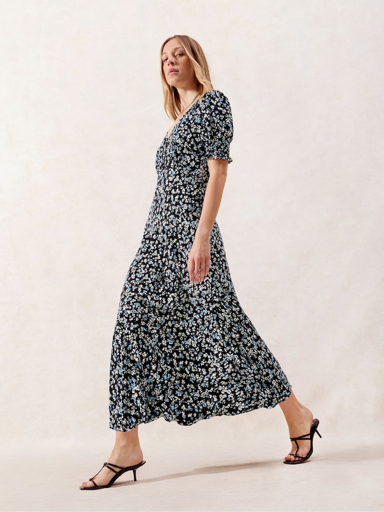 Ro&Zo Black Ground Ditsy Print Shirred Cuff Midi Dress - Image 1 of 3 Ro&Zo Black Ground Ditsy Print Shirred Cuff Midi Dress - Image 1 of 3