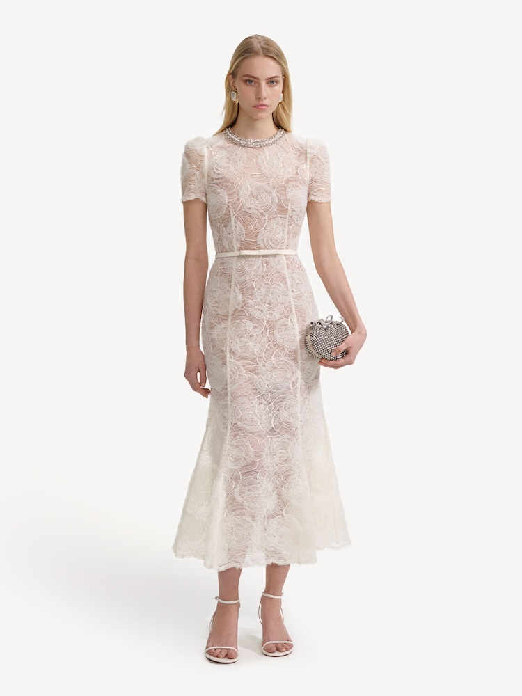 Self-Portrait Cream Tuelle Lace Midi Dress - Image 1 of 6