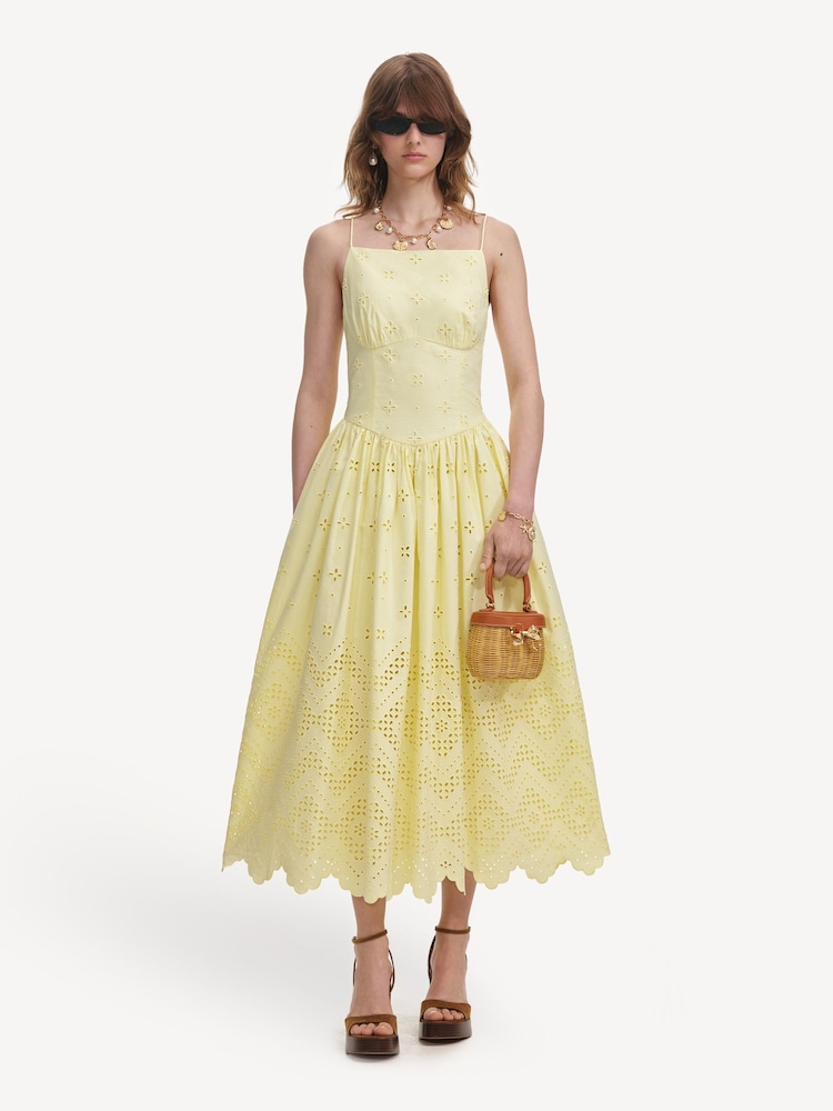 Self-Portrait Yellow Cotton Broderie Midi Dress - Image 1 of 5