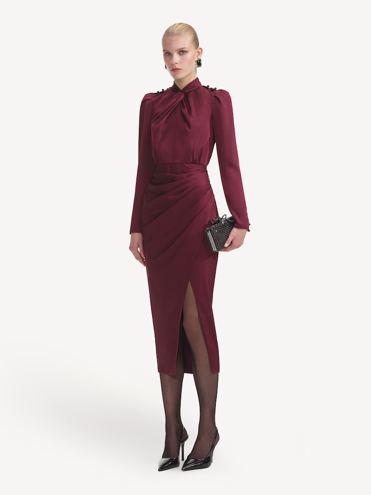 Self-Portrait Red Bordeaux Satin Midi Dress - Image 1 of 4