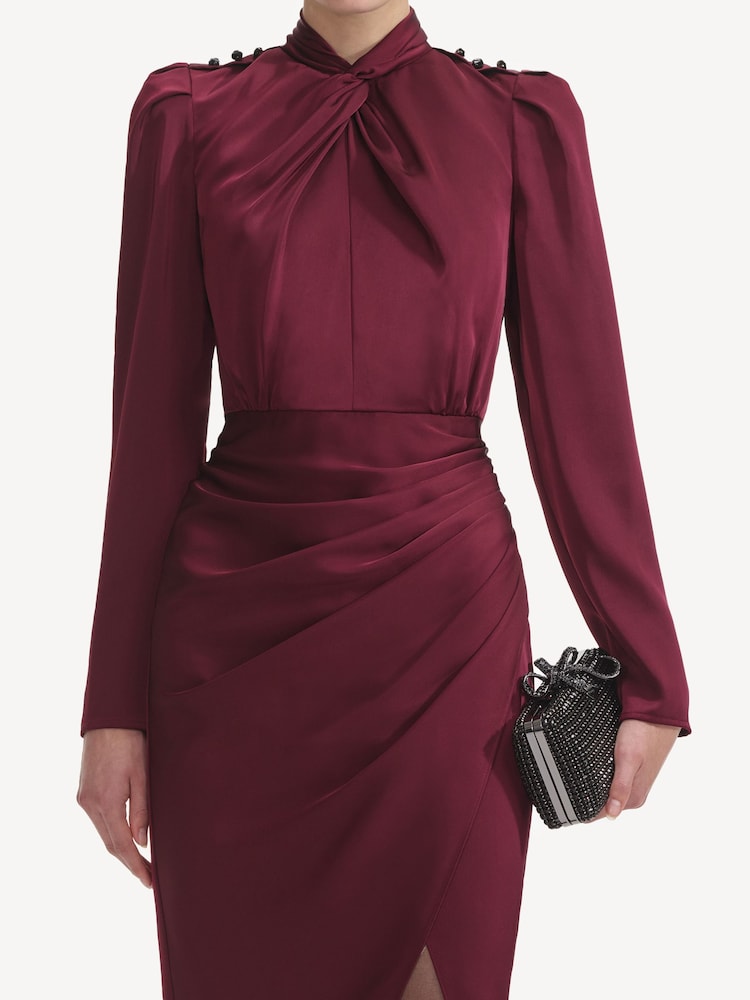 Self-Portrait Red Bordeaux Satin Midi Dress - Image 4 of 4