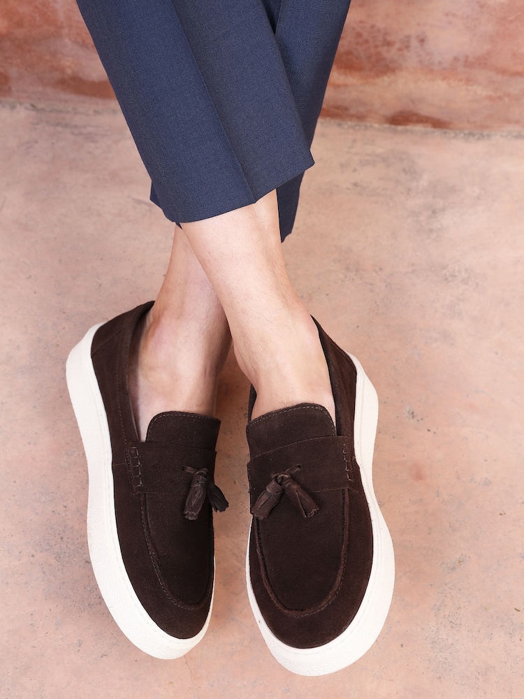 Off The Hook Brown Rory Suede Tassel Loafers with Flat Sole - Image 1 of 10