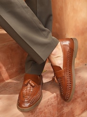 Off The Hook Brown Tiger Tassel Leather Slip-On Loafers with Woven Detail - Image 1 of 10