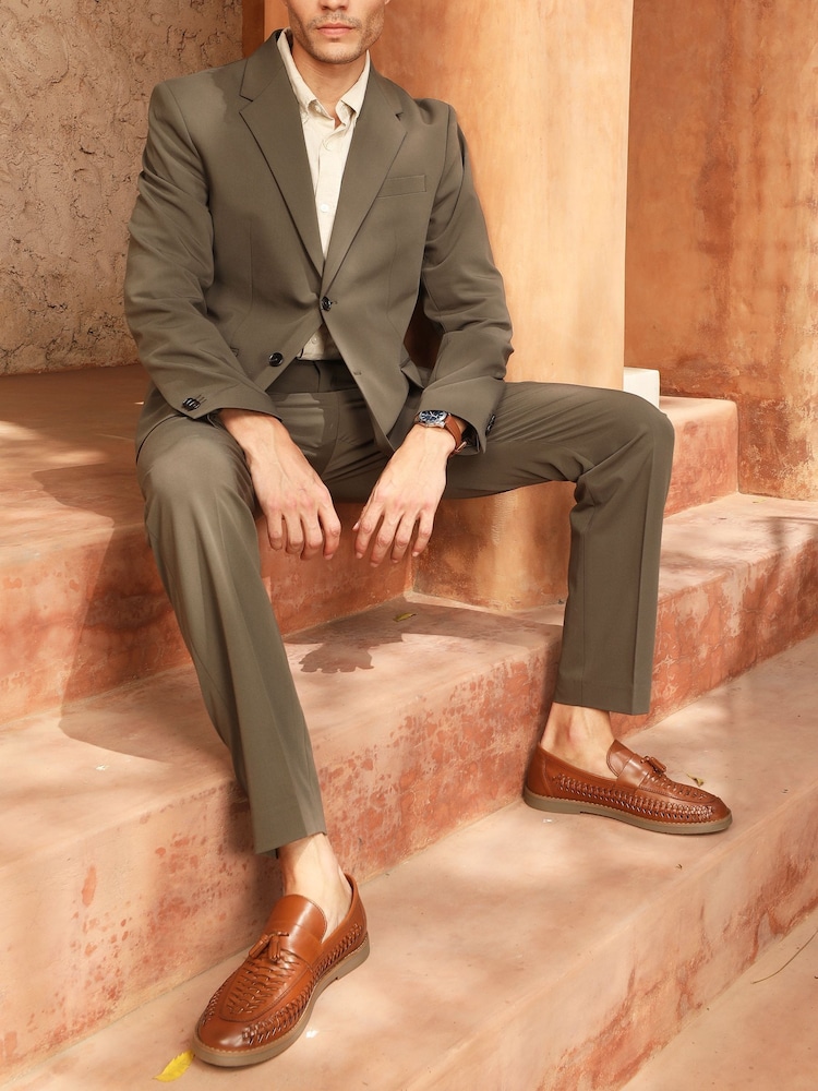 Off The Hook Brown Tiger Tassel Leather Slip-On Loafers with Woven Detail - Image 2 of 10