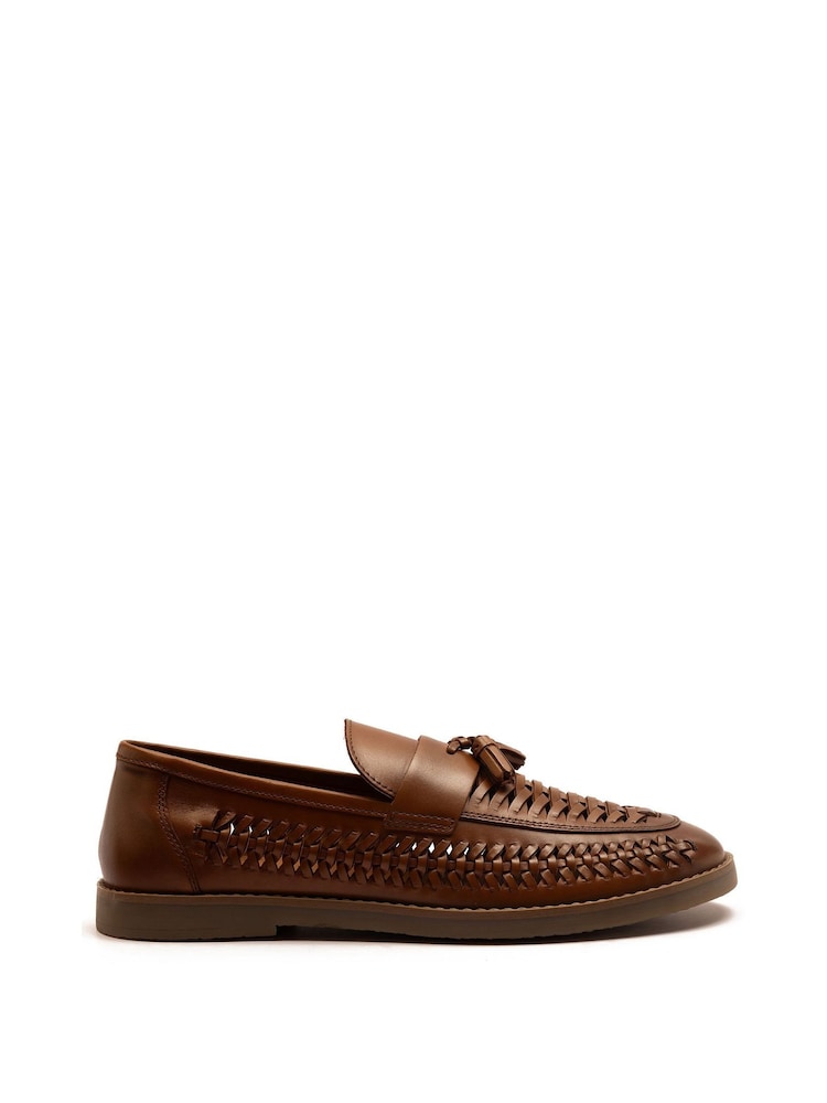 Off The Hook Dark Brown Tiger Tassel Suede Leather Slip-On Loafers with Woven Detail - Image 3 of 8