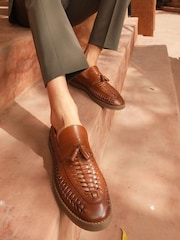 Off The Hook Brown Tiger Tassel Leather Slip-On Loafers with Woven Detail - Image 4 of 10
