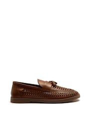 Off The Hook Brown Tiger Tassel Leather Slip-On Loafers with Woven Detail - Image 5 of 10