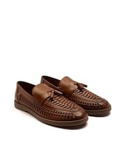 Off The Hook Brown Tiger Tassel Leather Slip-On Loafers with Woven Detail - Image 6 of 10