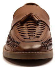 Off The Hook Brown Tiger Tassel Leather Slip-On Loafers with Woven Detail - Image 8 of 10