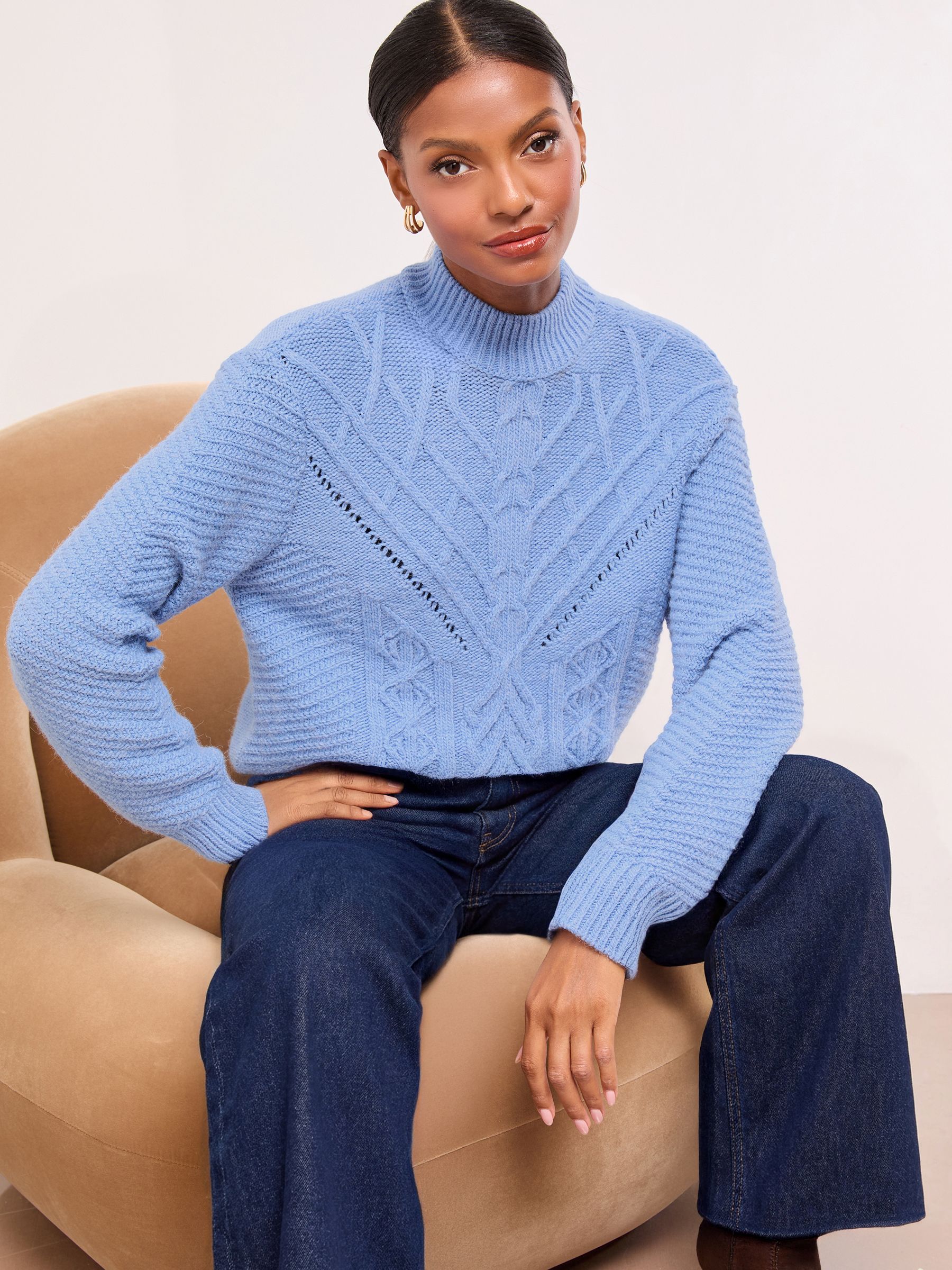 Buy Lipsy Blue Cable Knit With Wool Crew Neck Long Sleeve Jumper