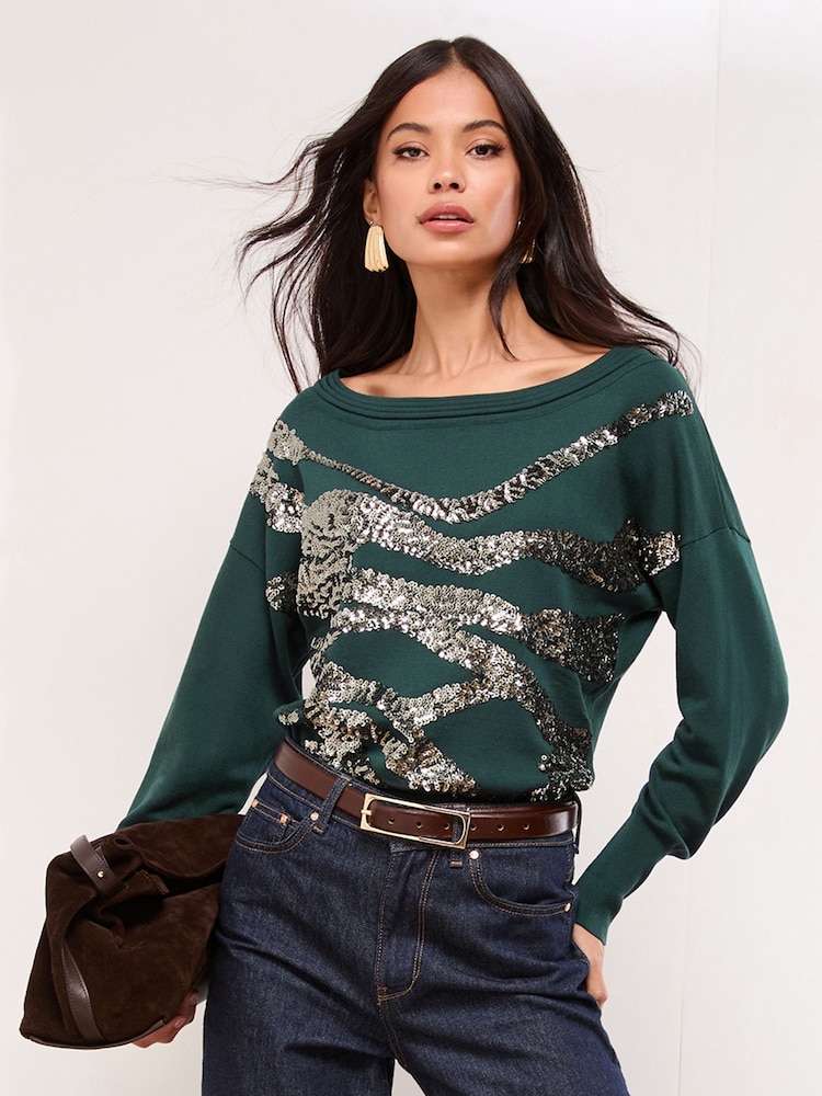Lipsy Green Zebra Sequin Slash Neck Knitted Jumper - Image 1 of 5