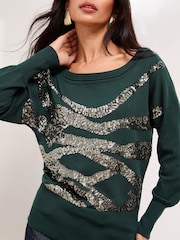 Lipsy Green Zebra Sequin Slash Neck Knitted Jumper - Image 4 of 5