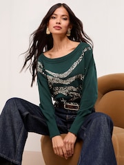 Lipsy Green Zebra Sequin Slash Neck Knitted Jumper - Image 5 of 5