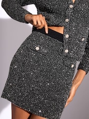 Lipsy Black Sequin Buttoned Knitted Co Ord Skirt - Image 2 of 4