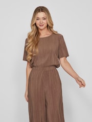 VILA Brown Short Sleeved Plisse Top - Image 1 of 6