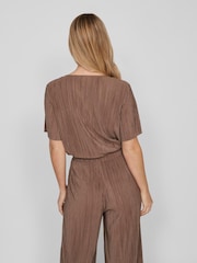 VILA Brown Short Sleeved Plisse Top - Image 2 of 6