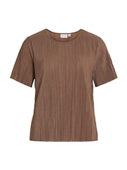 VILA Brown Short Sleeved Plisse Top - Image 5 of 6
