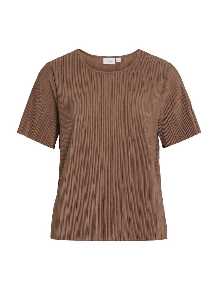 VILA Brown Short Sleeved Plisse Top - Image 5 of 6