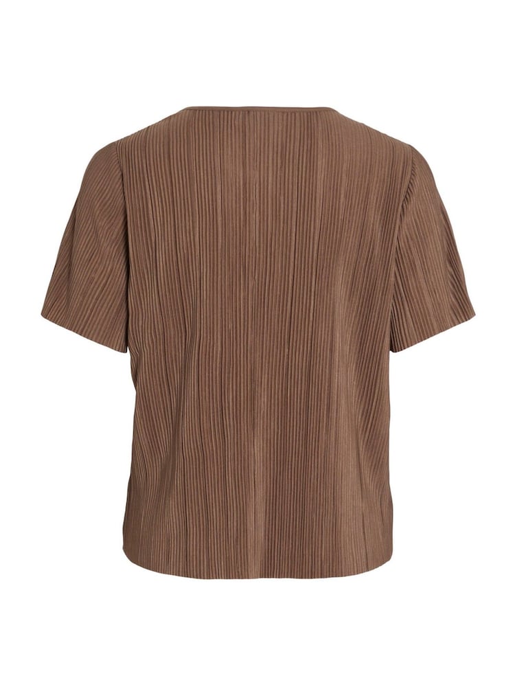 VILA Brown Short Sleeved Plisse Top - Image 6 of 6