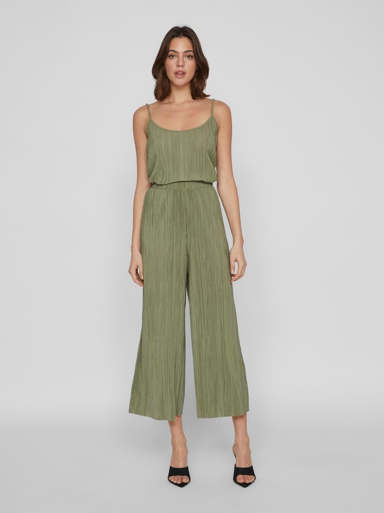 VILA Green High Waisted Plisse Culotte Trousers - Image 1 of 5