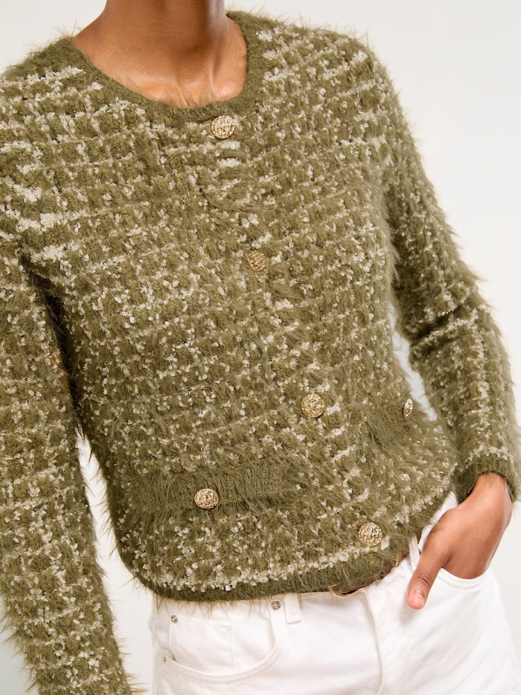 Lipsy Green Boucle Eyelash Sparkle Knitted Cardigan - Image 2 of 4