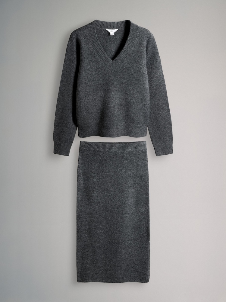 The Set Charcoal Grey Knitted V-Neck Jumper and Midi Skirt Co-ord - Image 1 of 5 The Set Charcoal Grey Knitted V-Neck Jumper and Midi Skirt Co-ord - Image 1 of 5