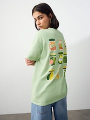 Lime Green Oversized Washed Pickle Jars Food Graphic Print Short Sleeve Crew Neck T-Shirt - Image 1 of 7