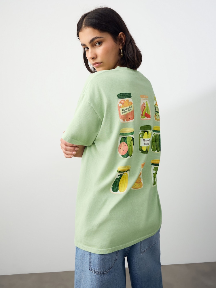 Lime Green Oversized Washed Pickle Jars Food Graphic Print Short Sleeve Crew Neck T-Shirt - Image 1 of 7