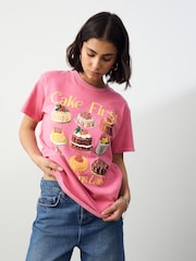 Raspberry Pink Oversized Washed Cake Sweet Treats Food Graphic Print Short Sleeve Crew Neck T-Shirt - Image 1 of 7